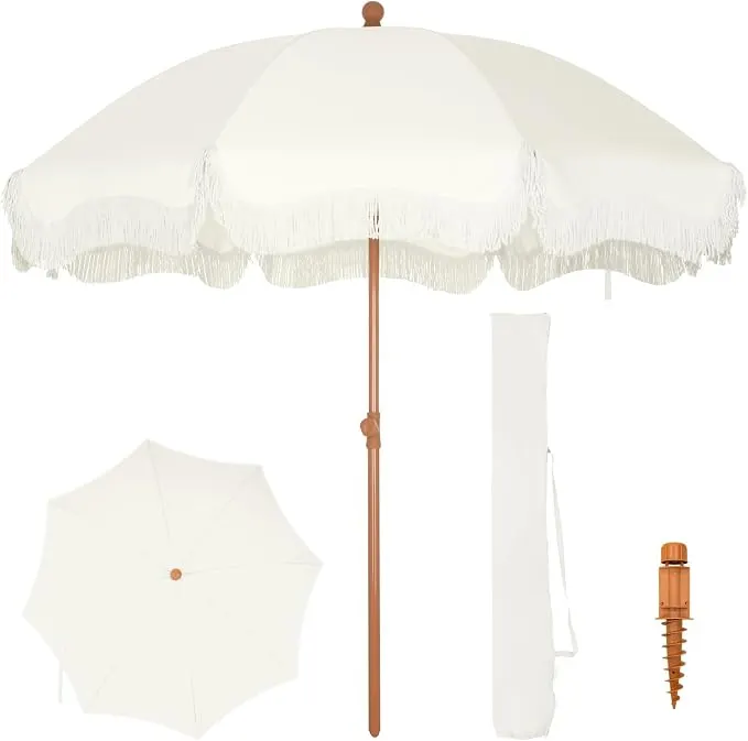 White Fringe Beach Umbrella