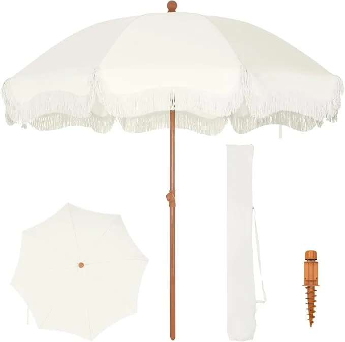 White Fringe Beach Umbrella — Umbrellas available to rent