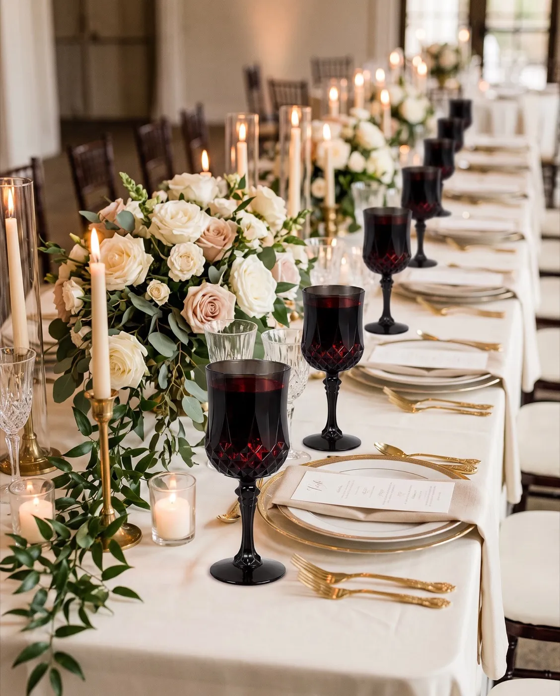 Black Vintage Wine Glasses styled at an event
