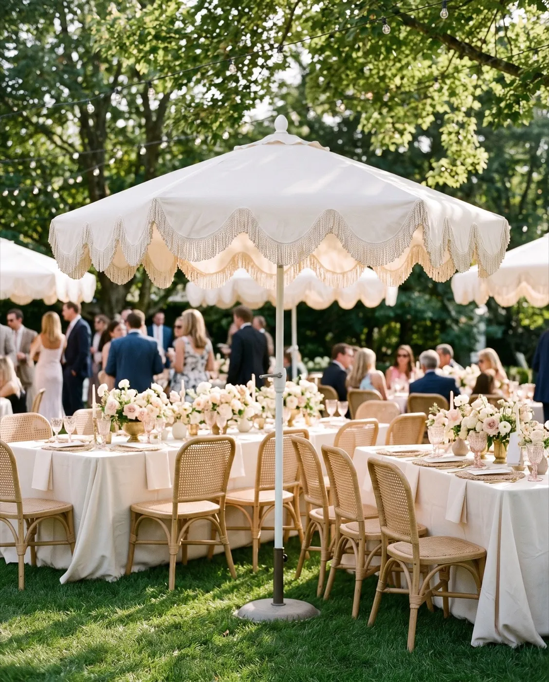 Cottage Tassel Market Umbrella II styled at an event