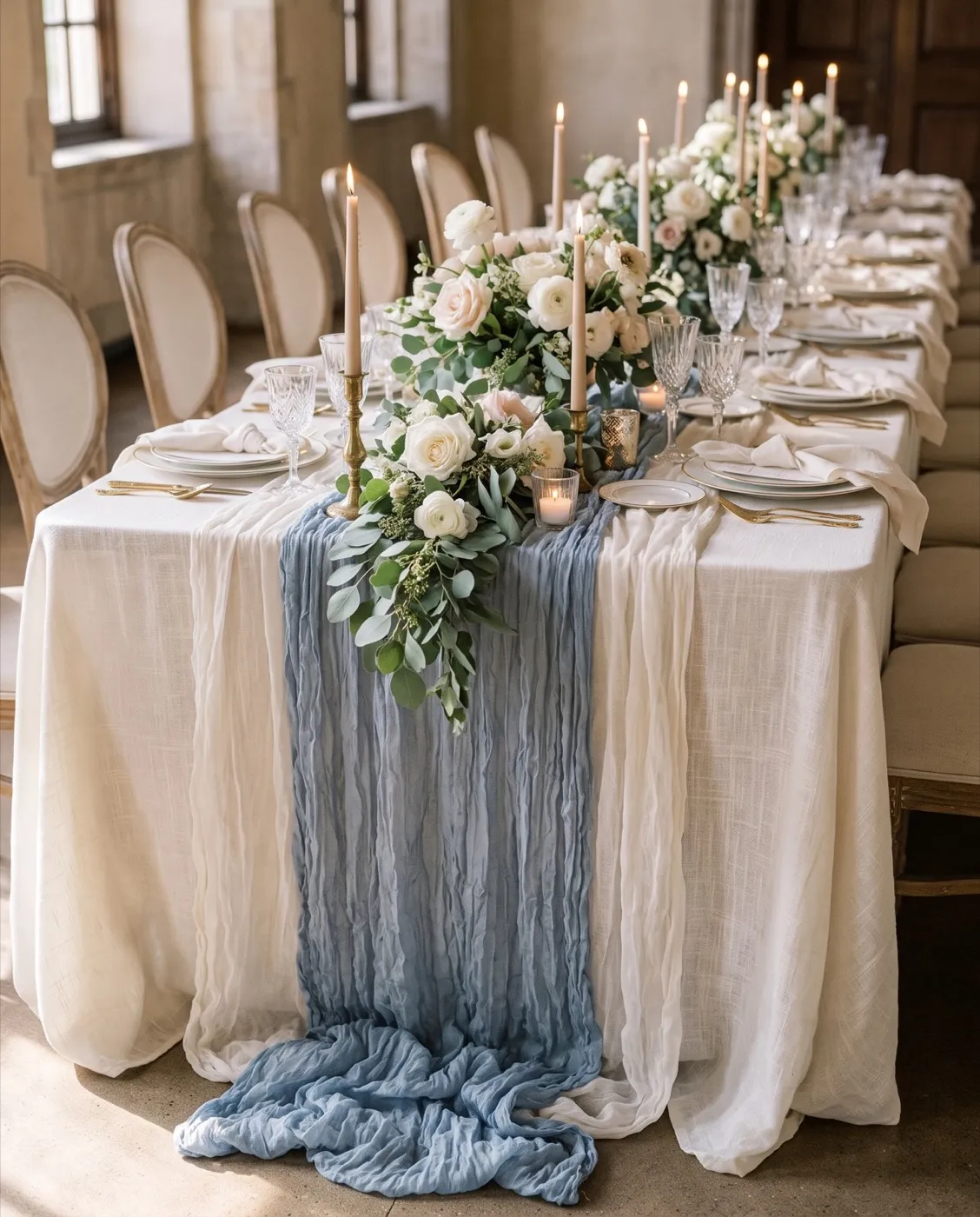 Dusty Blue Cheesecloth Runner styled at an event