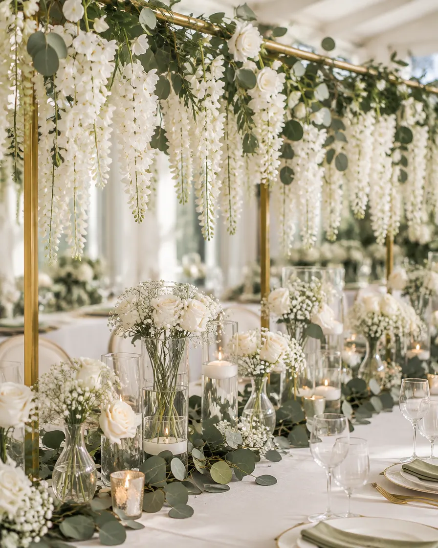 Wisteria garland and glass centerpieces styled for an event