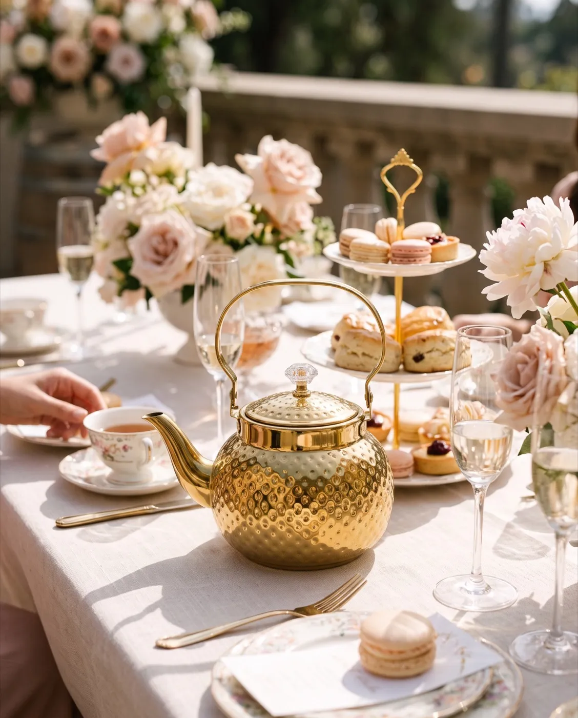 Gold Hammered Tea Kettle styled at an event
