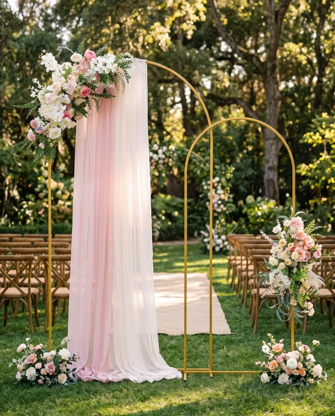 Gold Metal Arch Stand Set styled at an event