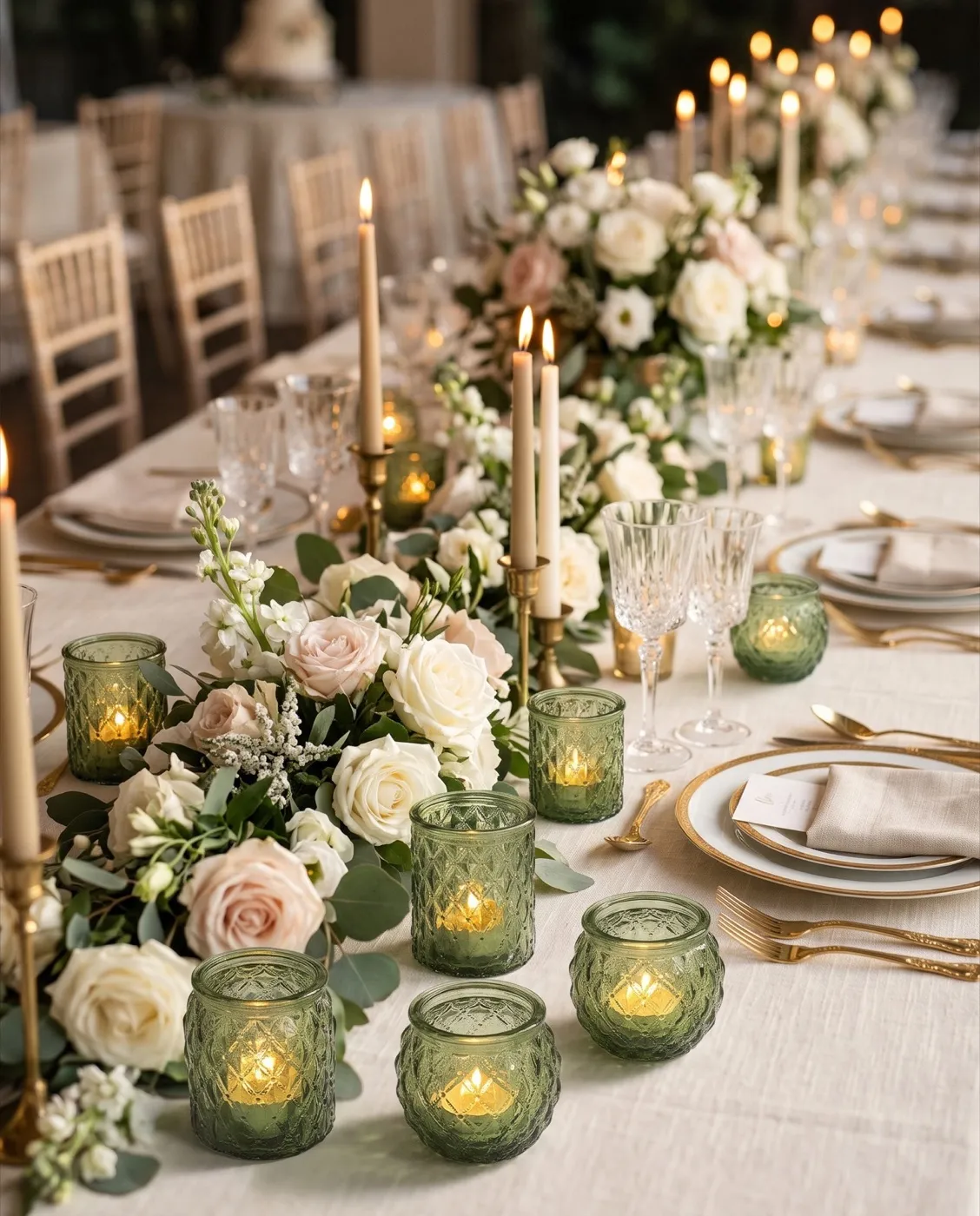 Green Candle Holders styled at an event