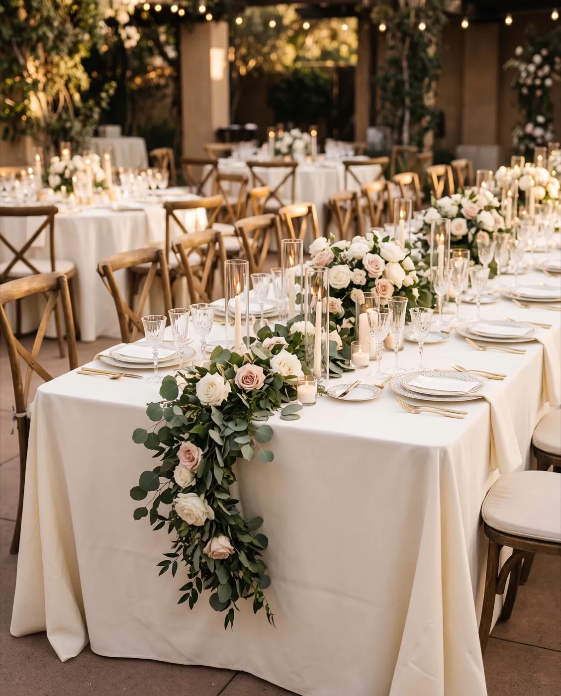 Ivory Polyester Tablecloth styled at an event