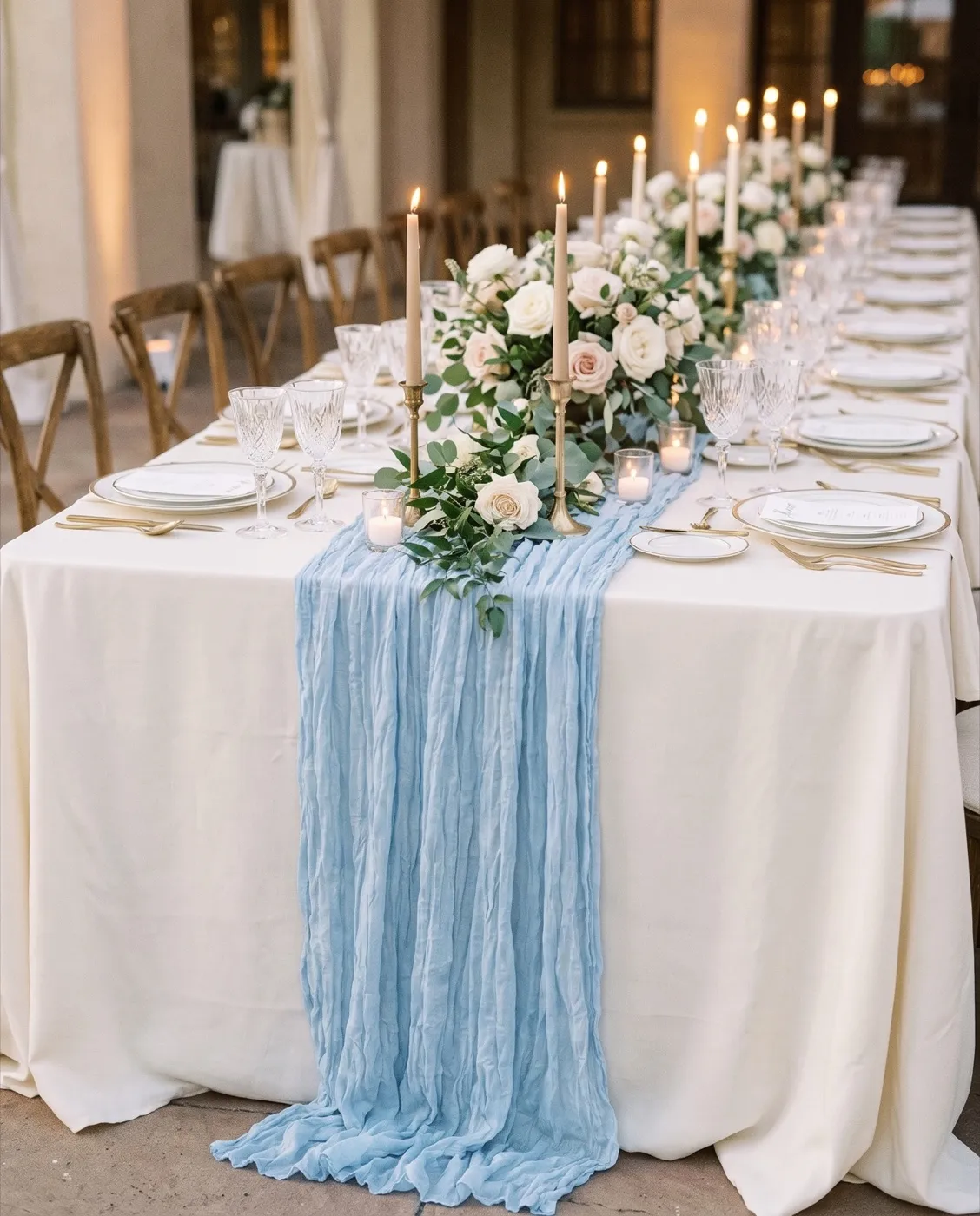 Light Blue Cheesecloth Runner styled at an event