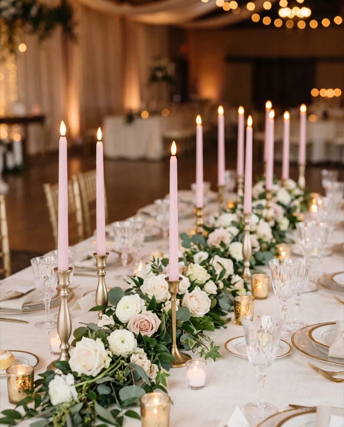 Light Pink LED Taper Candles styled at an event