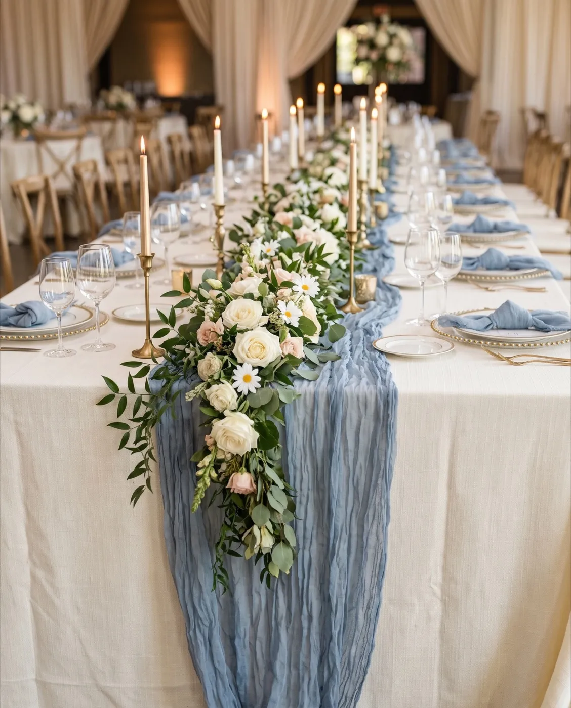 Long Dusty Blue Cheesecloth Runner styled at an event