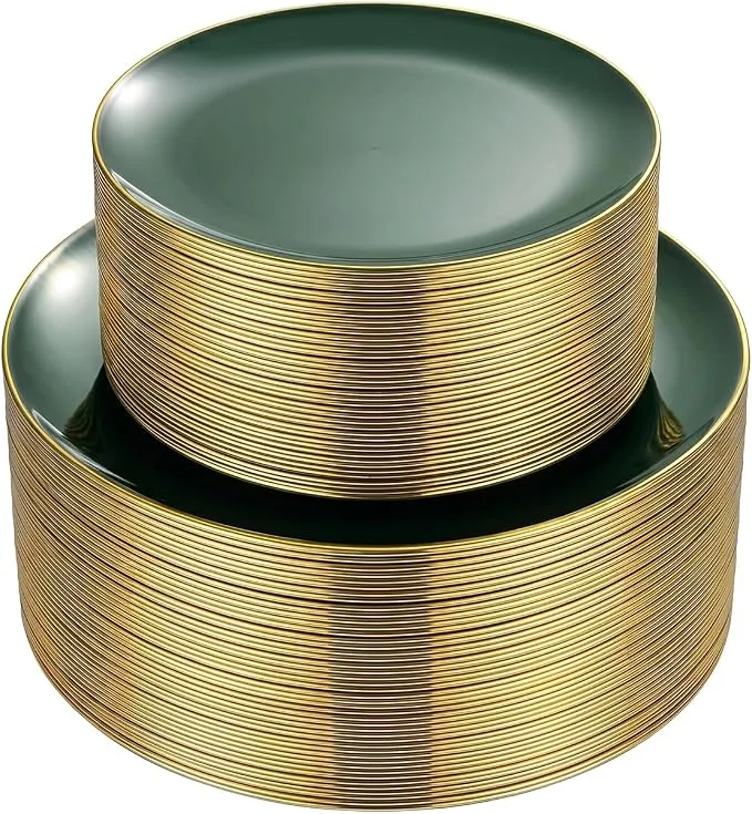 Green Gold-Rim Plates — Plates available to rent