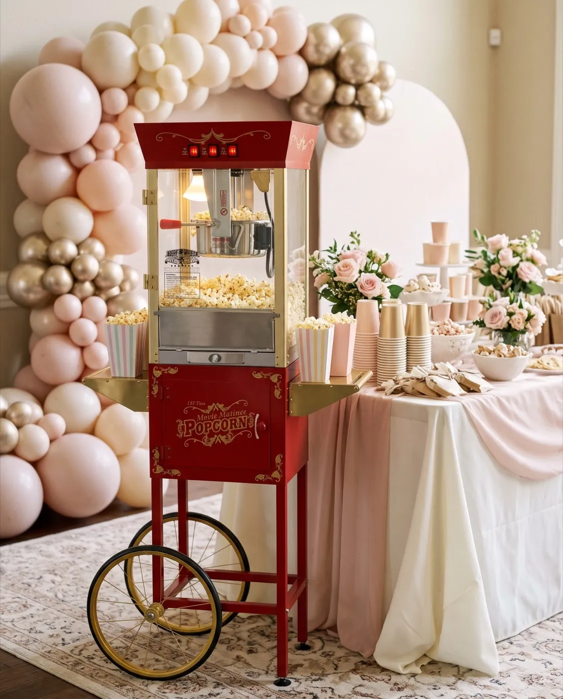 Red Matinee Popcorn Cart styled at an event
