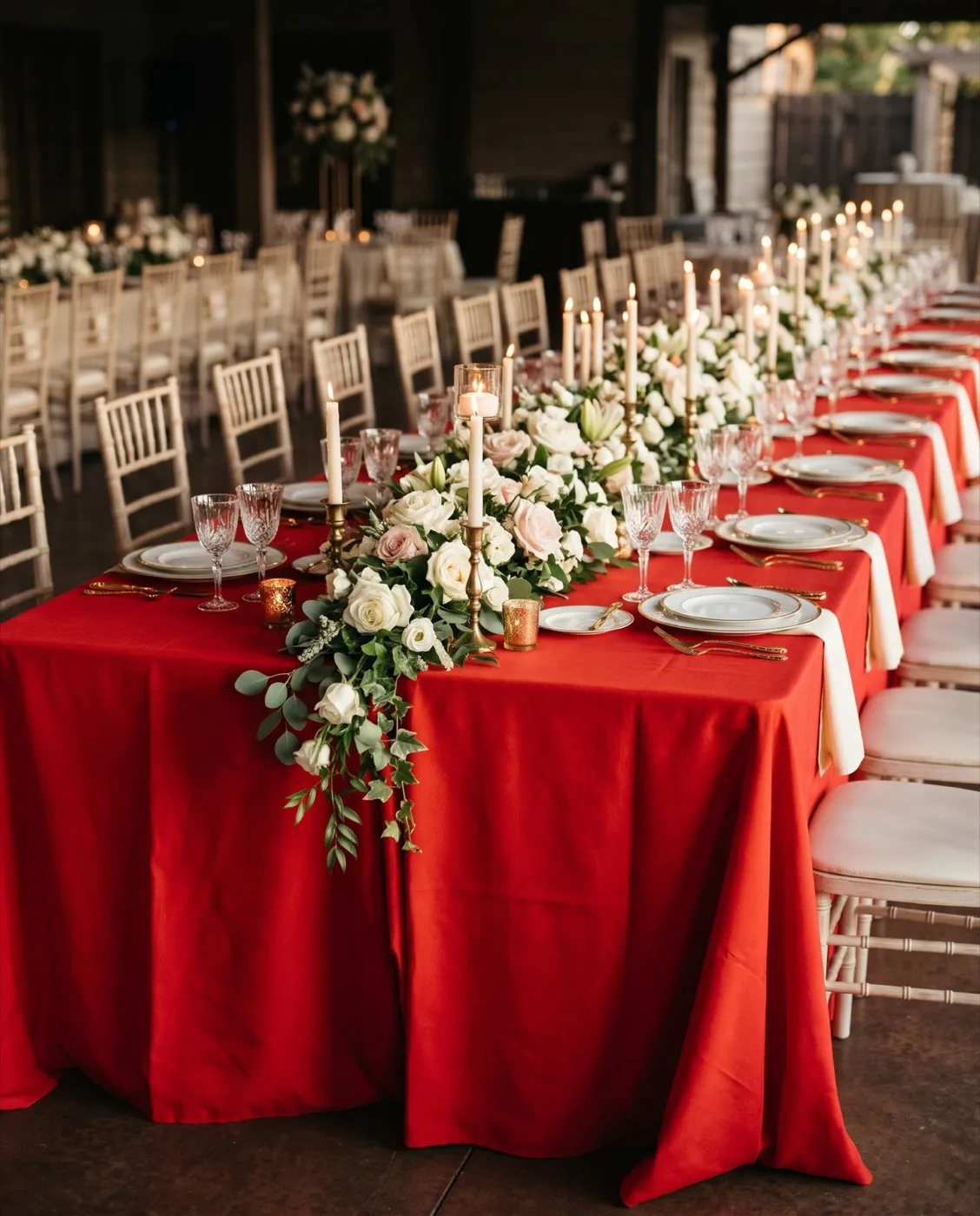 Red Rectangle Tablecloth styled at an event