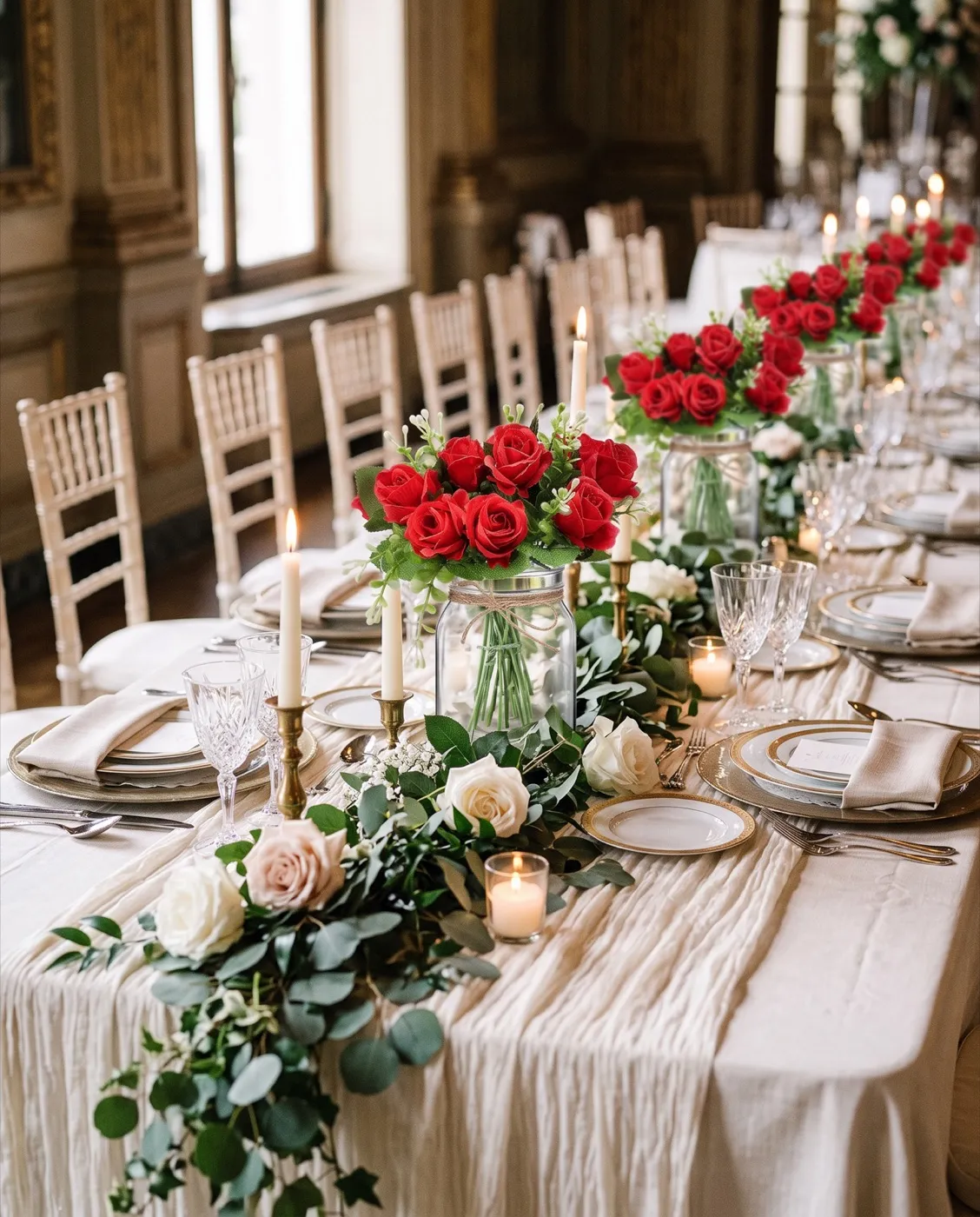 Red Rose Mason Jar Centerpieces styled at an event