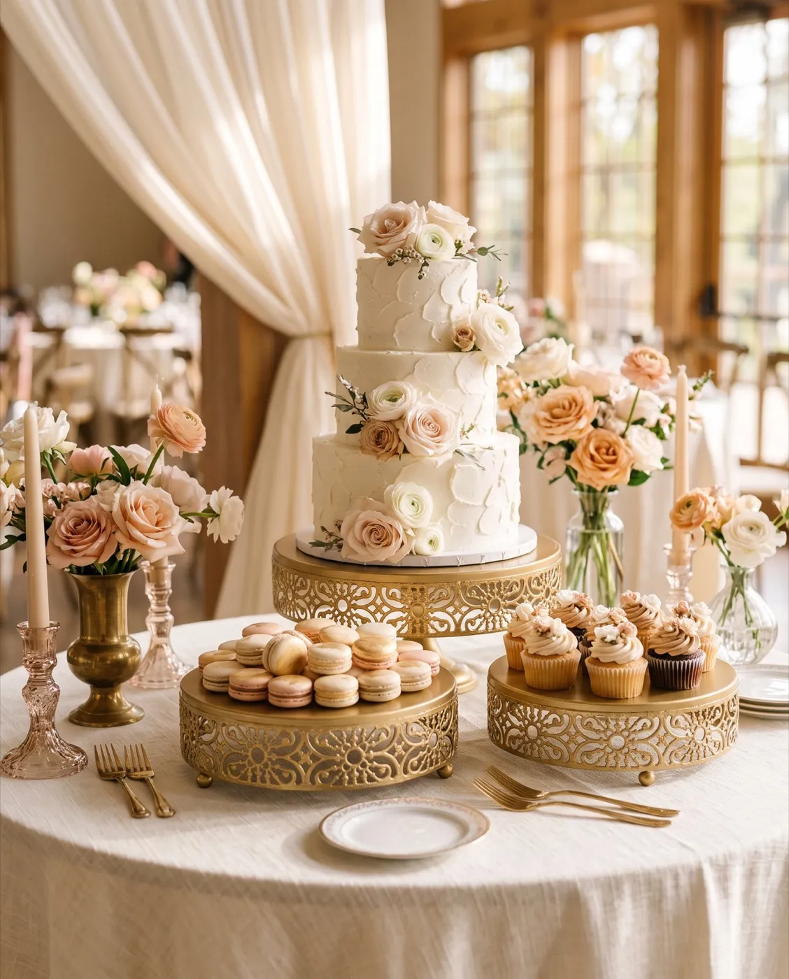 Round Metal Cake Stands styled at an event
