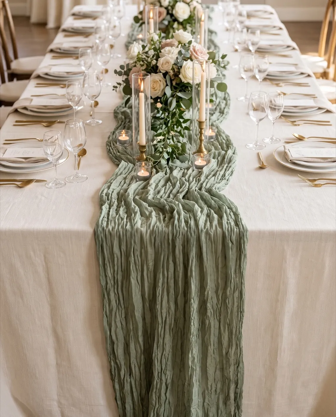 Sage Cheesecloth Runner styled at an event
