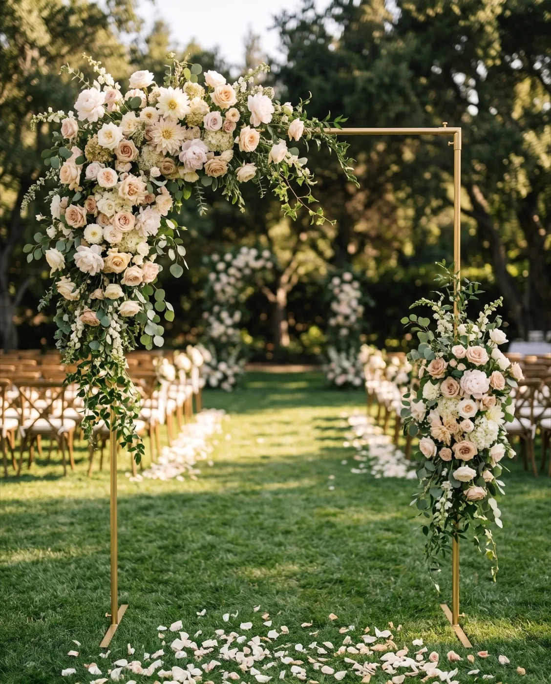 Square Gold Arch Stand styled at an event