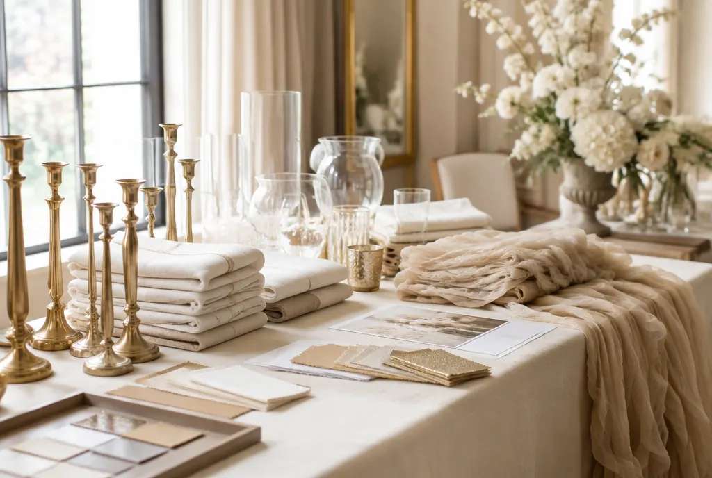Neatly prepared linens, candlesticks and glassware ready for an event