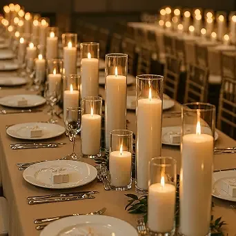 White Pillar Hurricane Candles — Candles available to rent