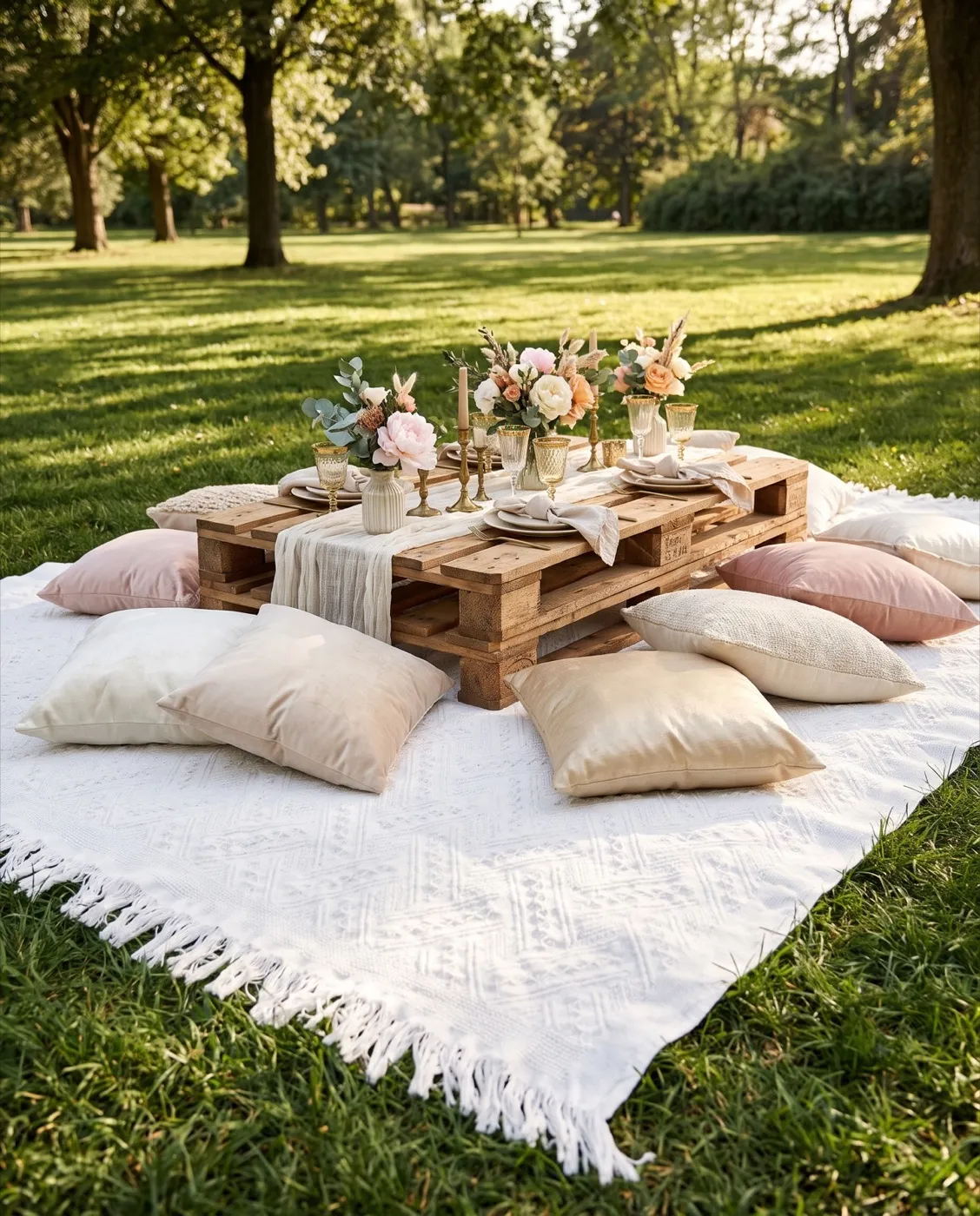 White Boho Picnic Blanket styled at an event