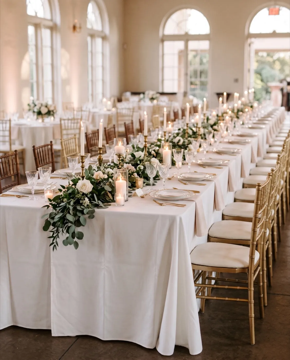 White Long Banquet Tablecloth styled at an event