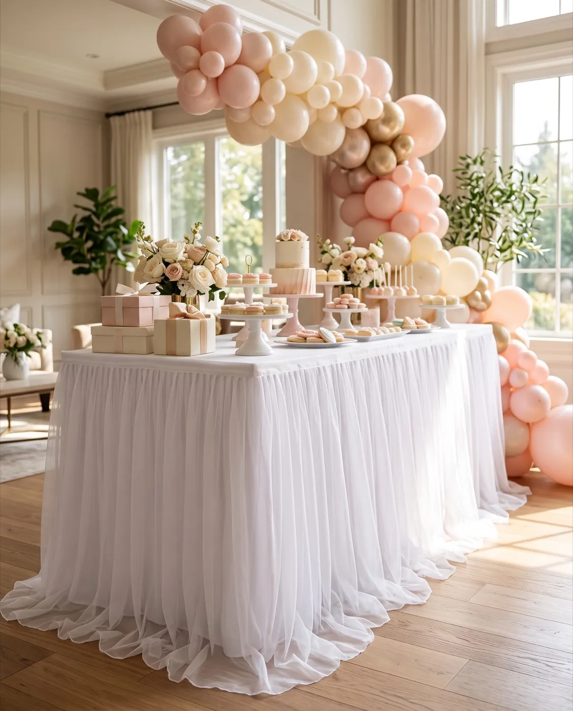 White Tulle Table Skirt styled at an event